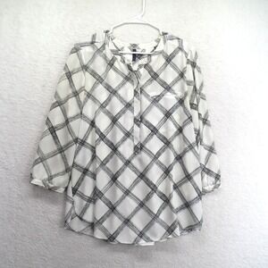 NYDJ Shirt Womens Large White Black Plaid 3/4 Sleeve Henley Blouse Top Flowy